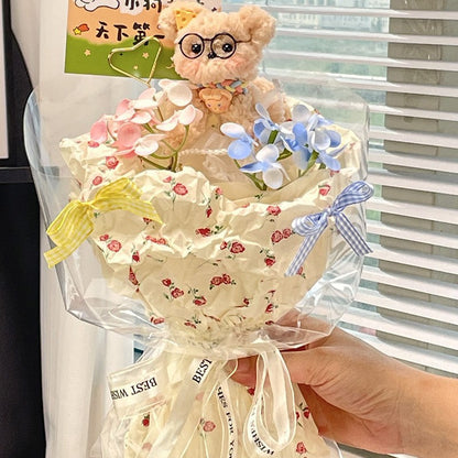 Kawaii Plush Puppy Flower Bouquet | Cute Dog Doll Floral Gift Bouquet with Ribbons | Korean Aesthetic Birthday Gift for Girls & Women
