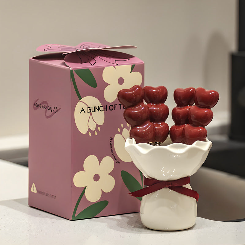 Heart Bubble Fruit Fork Set with Ceramic Bouquet Holder – Cute Dessert Forks Gift Set | Aesthetic Snack Picks for Cake, Fruits & Parties