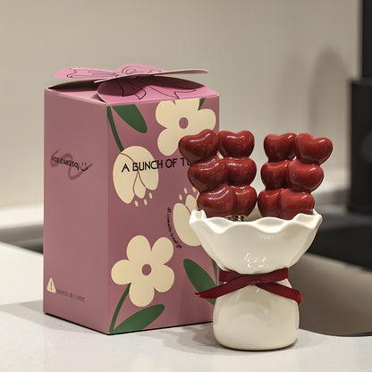 Heart Bubble Fruit Fork Set with Ceramic Bouquet Holder – Cute Dessert Forks Gift Set | Aesthetic Snack Picks for Cake, Fruits & Parties