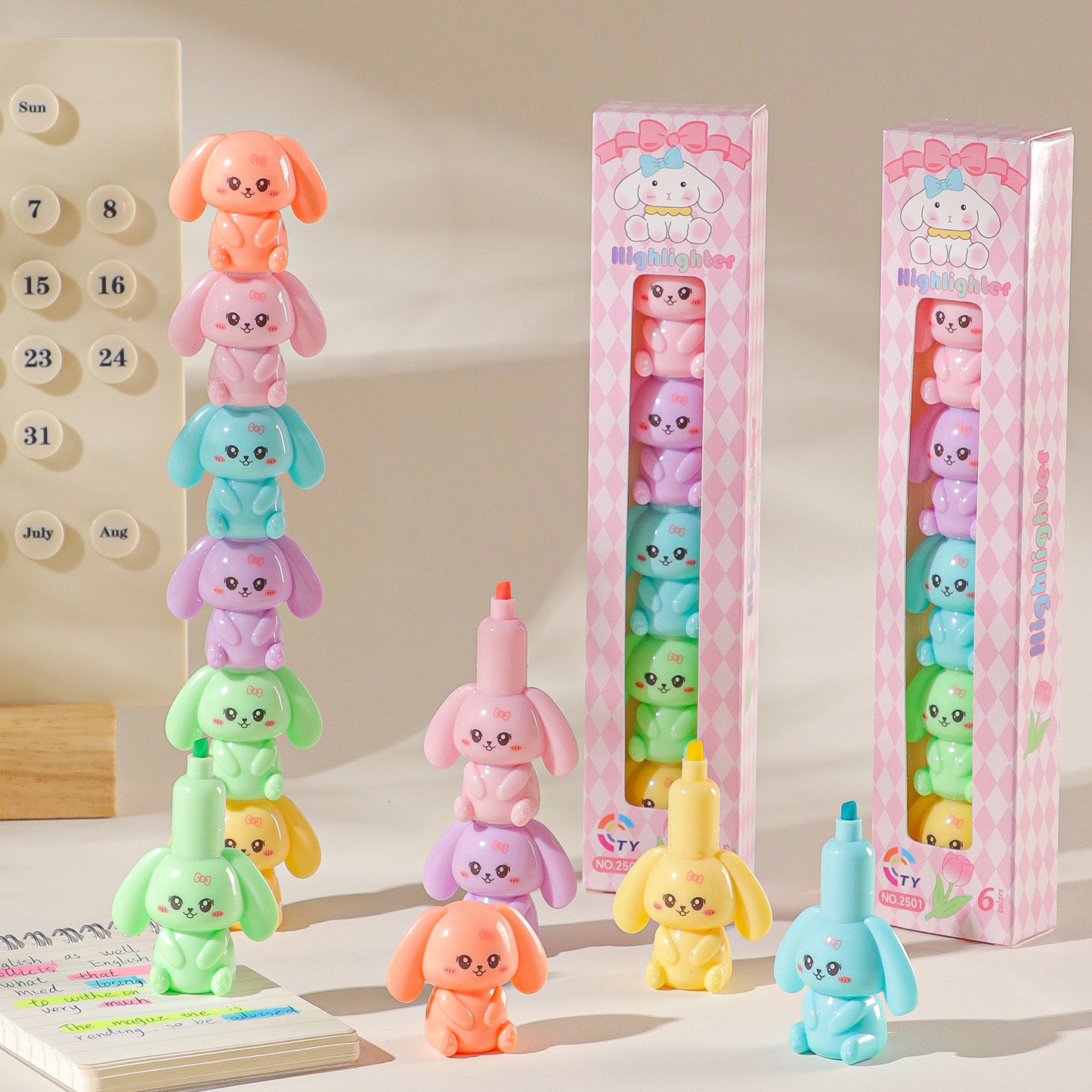 Kawaii Puppy Stackable Highlighter Pen Set (Pack of 6) | 6-Color Cute Cartoon Highlighter Markers | Aesthetic School, Office & Journal Stationery