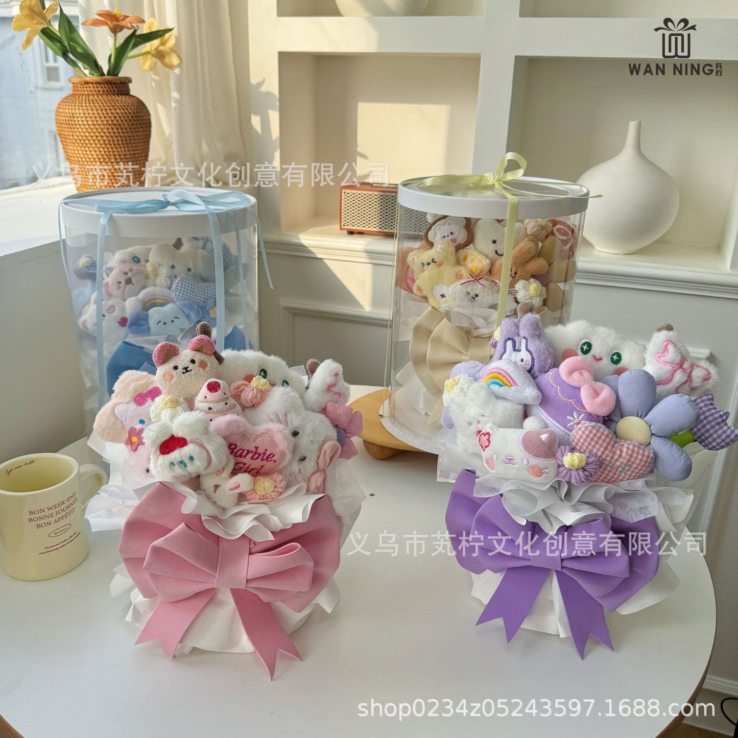 Kawaii Plush Bouquet Gift Box – Cute Stuffed Toy Flower Arrangement in Transparent Round Box | Aesthetic Soft Toy Hamper for Birthday, Anniversary, Valentine & Baby Shower