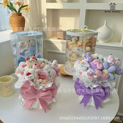 Kawaii Plush Bouquet Gift Box – Cute Stuffed Toy Flower Arrangement in Transparent Round Box | Aesthetic Soft Toy Hamper for Birthday, Anniversary, Valentine & Baby Shower