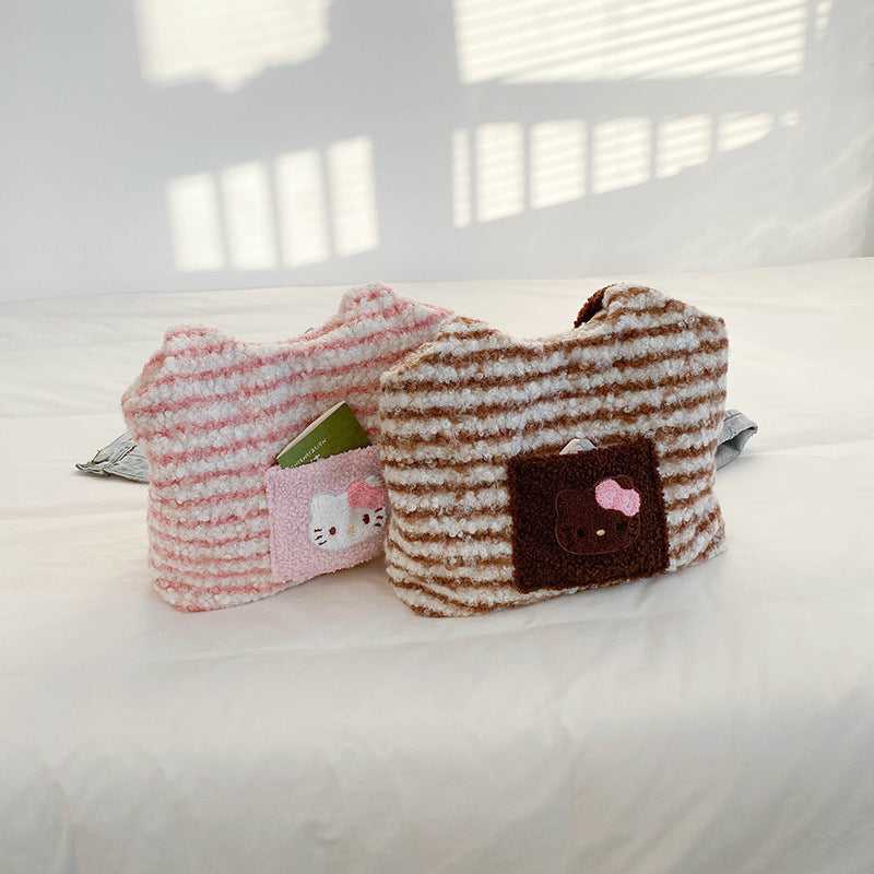 Kawaii Hello Kitty Plush Tote Bag – Soft Striped Shoulder Handbag for Girls | Cute Furry Mini Tote Purse (Pink & Brown)