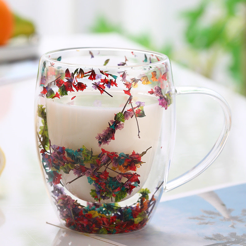 Premium Double Wall Glass Mug with Colorful Dried Flower Design | Aesthetic Transparent Tea & Coffee Cup | Heat-Resistant Borosilicate Floral Mug