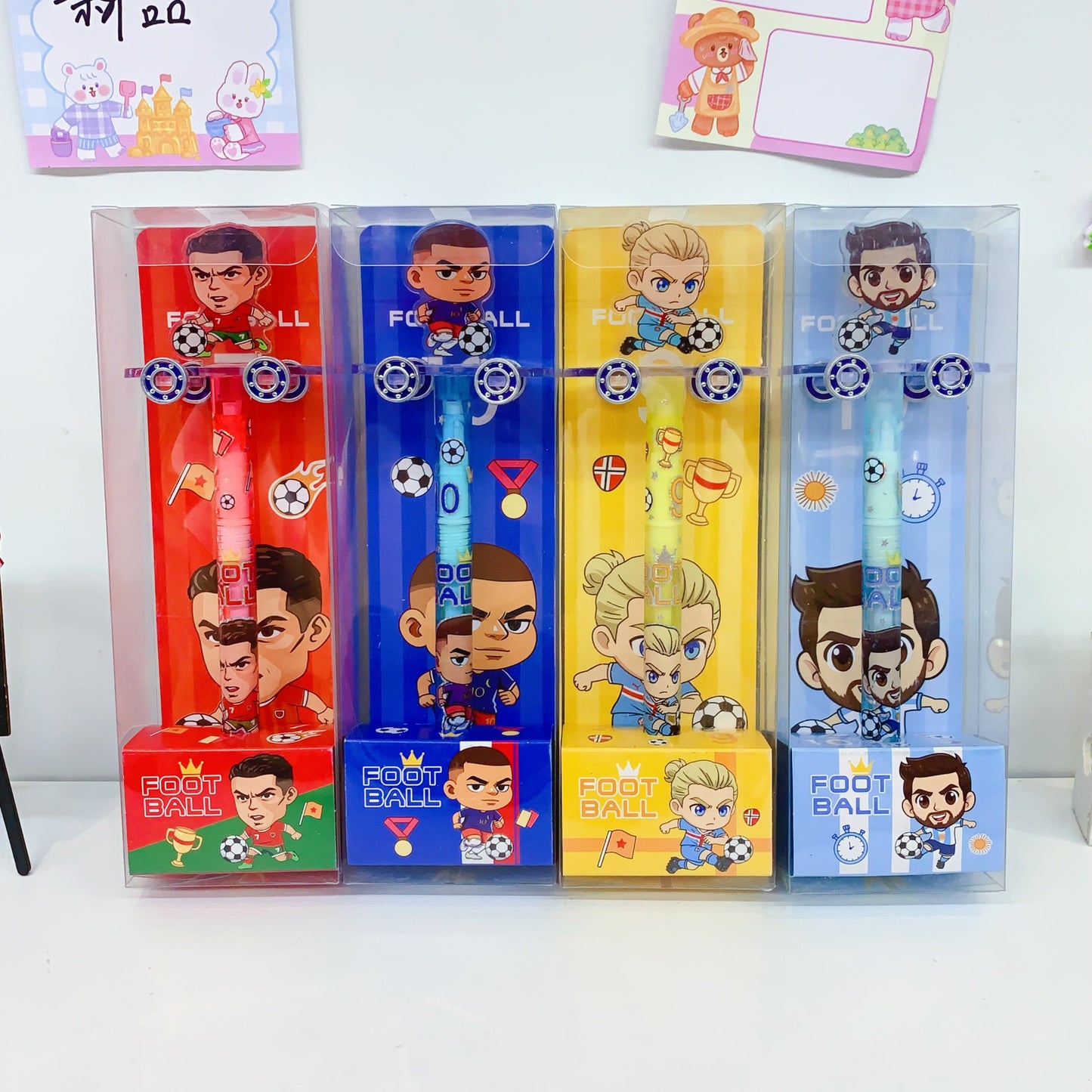 Pack of 4 Football Cartoon Skateboard Gel Pens | Cute Soccer Character Roller Skate Pens | 0.5mm Black Ink Writing Pens for Kids | Fancy School Stationery | Return Gift Pen Set