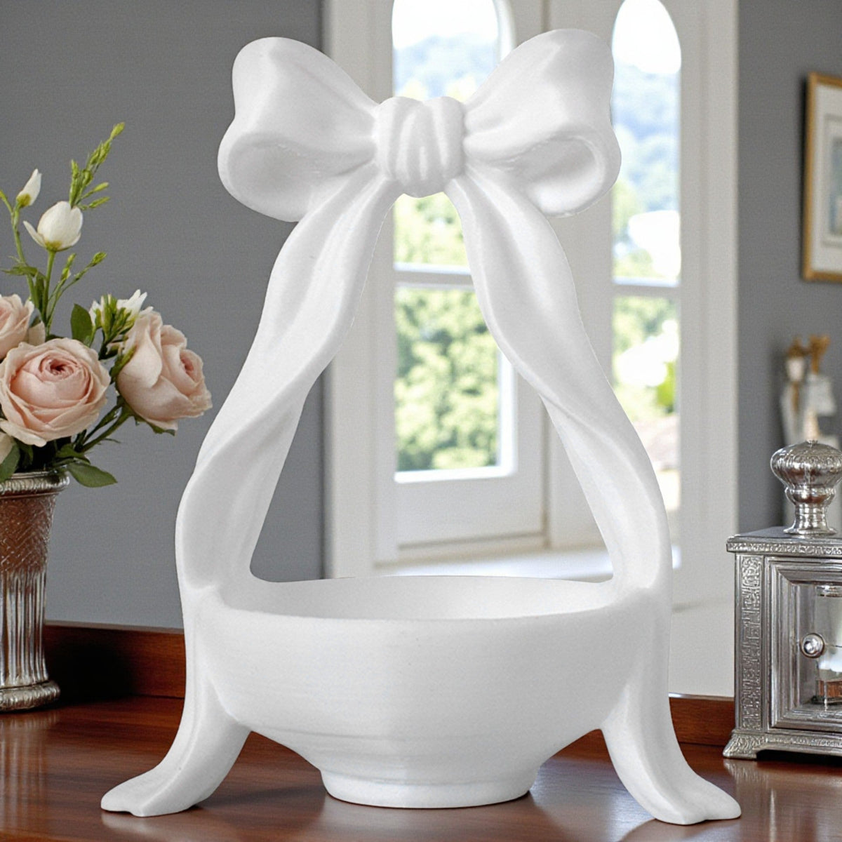 White Bow Jewellery Holder Stand – Aesthetic Bow-Shaped Ring, Earring & Necklace Organizer Tray for Dressing Table
