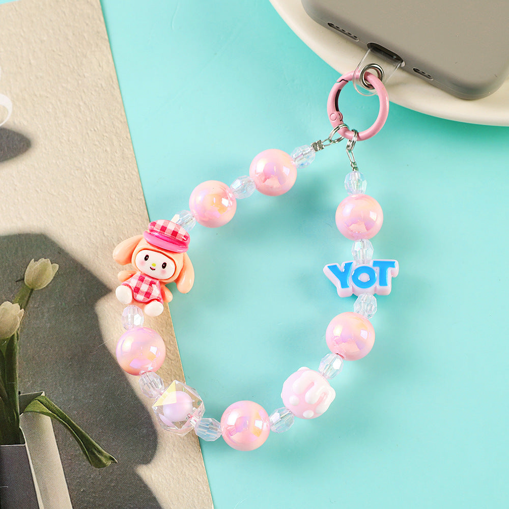 Kawaii Sanrio Beaded Phone Charm Bracelet with Hanging Card – Cute Mobile Strap Keychain for Girls (Cinnamoroll, Kuromi, My Melody, Hello Kitty, Pompompurin)
