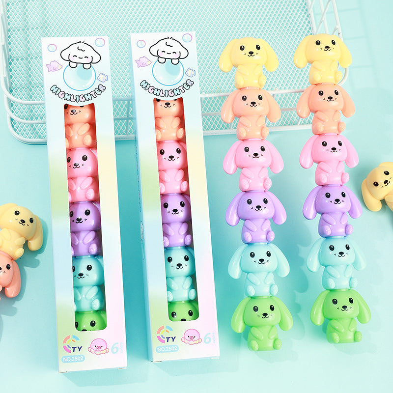 Kawaii Puppy Stackable Highlighter Pen Set (Pack of 6) | 6-Color Cute Cartoon Highlighter Markers | Aesthetic School, Office & Journal Stationery
