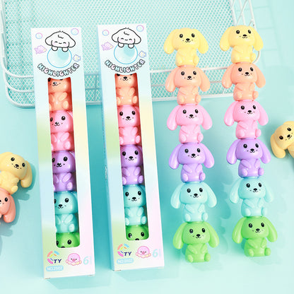 Kawaii Puppy Stackable Highlighter Pen Set (Pack of 6) | 6-Color Cute Cartoon Highlighter Markers | Aesthetic School, Office & Journal Stationery
