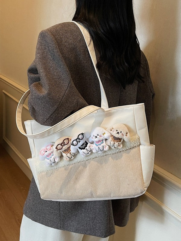 Kawaii Puppy Plush Tote Bag for Girls – Cute Korean Style Shoulder Handbag | Soft Aesthetic Cartoon Dog Shopper Bag