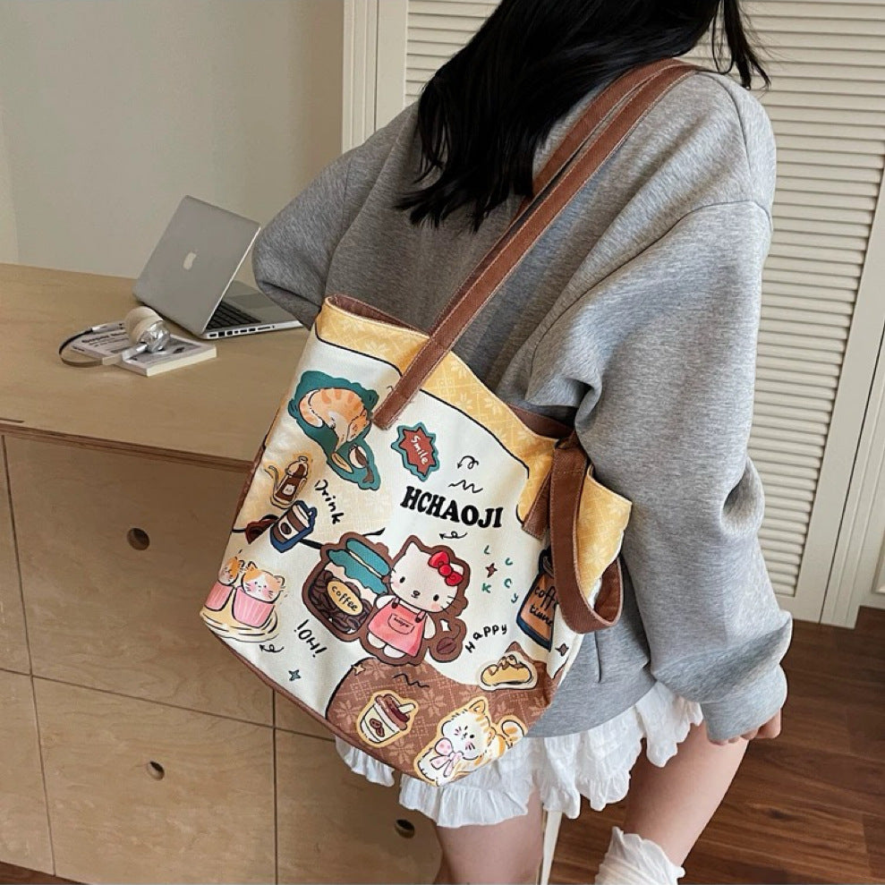 Hello Kitty Kawaii Canvas Tote Bag for Women – Cute Shoulder Handbag with Coffee Theme Print | Large Capacity Everyday Shopper Bag