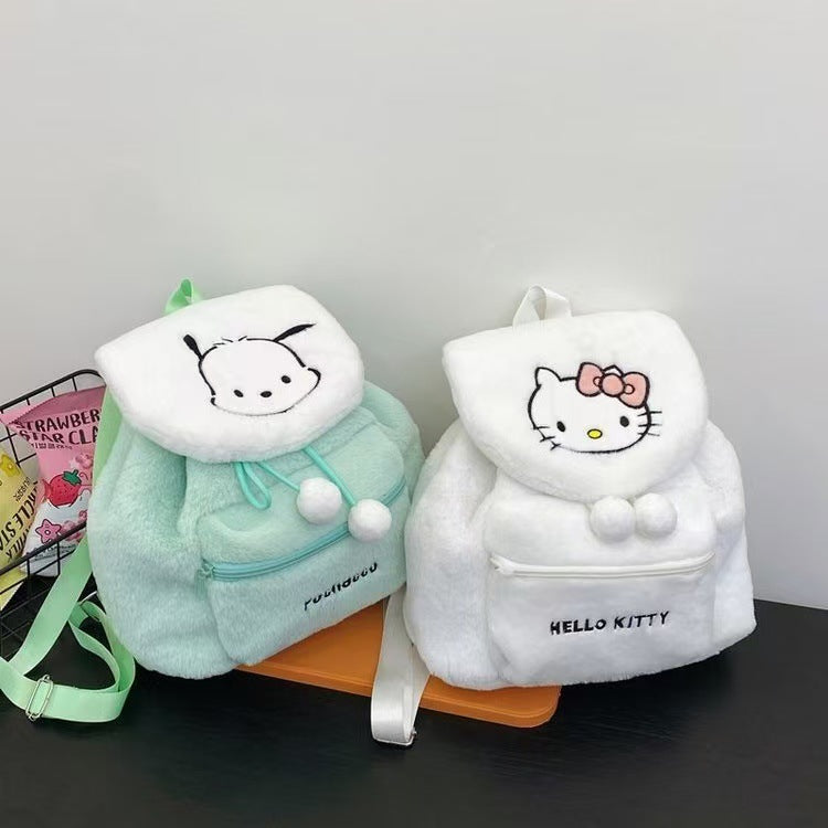 Sanrio Plush Mini Backpack – Hello Kitty, Kuromi, My Melody & Pochacco Kawaii Soft Fur School Bag for Girls