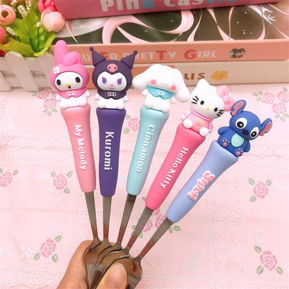 Sanrio Fork & Spoon Set with Case – Cute Hello Kitty, Kuromi, My Melody, Cinnamoroll & Stitch Stainless Steel Kids Cutlery Set | Portable Lunch Box Utensils