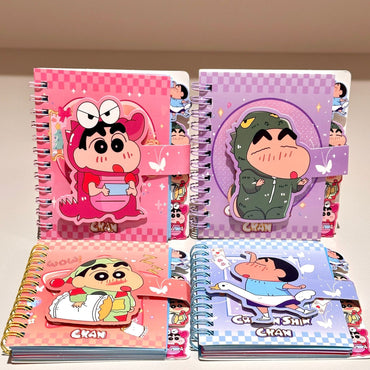 Shinchan Kawaii Mini Spiral Notebook (Set of 4) – Cute Anime Pocket Diary Journal with Strap Closure | Cartoon Memo Notepad Gift Set for Kids, Girls & Students
