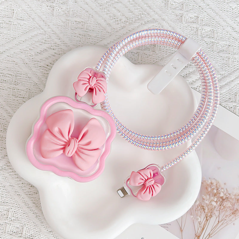 Kawaii Pink Bow Fast Charging USB Cable Protector Set – Cute Glitter Spiral iPhone Charger Cable with Bow Cable Organizer & Adapter Cover