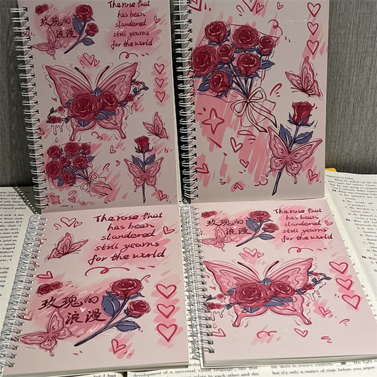 Kawaii Rose Butterfly Spiral Notebook – Aesthetic Pink Journal (Single Piece)