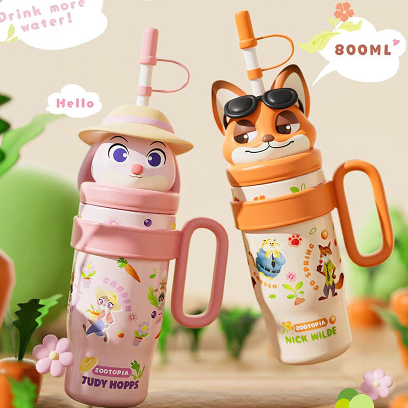 Zootopia Cute Character Sipper Water Bottle 800ml – Judy Hopps & Nick Wilde Kids Straw Bottle with Handle | BPA-Free Cartoon Water Bottle