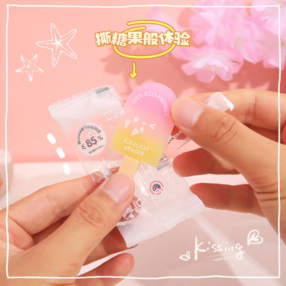 Kawaii Ice Lolly Popsicle Eraser Set (Pack of 3) – Cute Gradient Eco-Friendly Pencil Erasers for Kids & Students