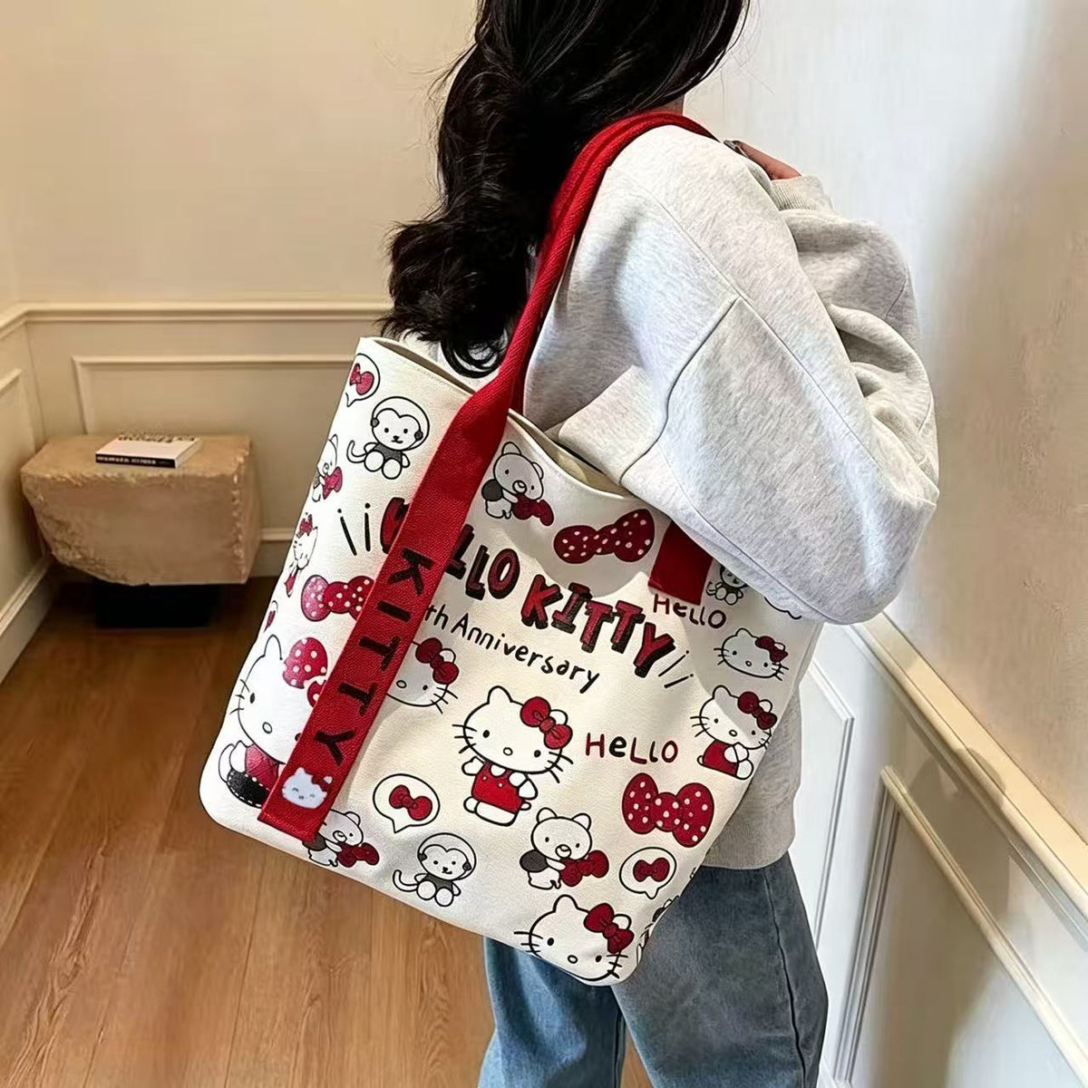 Hello Kitty Anniversary Printed Tote Bag with Red Straps | Cute Kawaii Shoulder Bag for Girls & Women