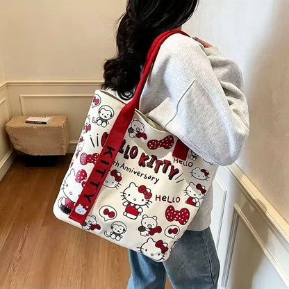Hello Kitty Anniversary Printed Tote Bag with Red Straps | Cute Kawaii Shoulder Bag for Girls & Women