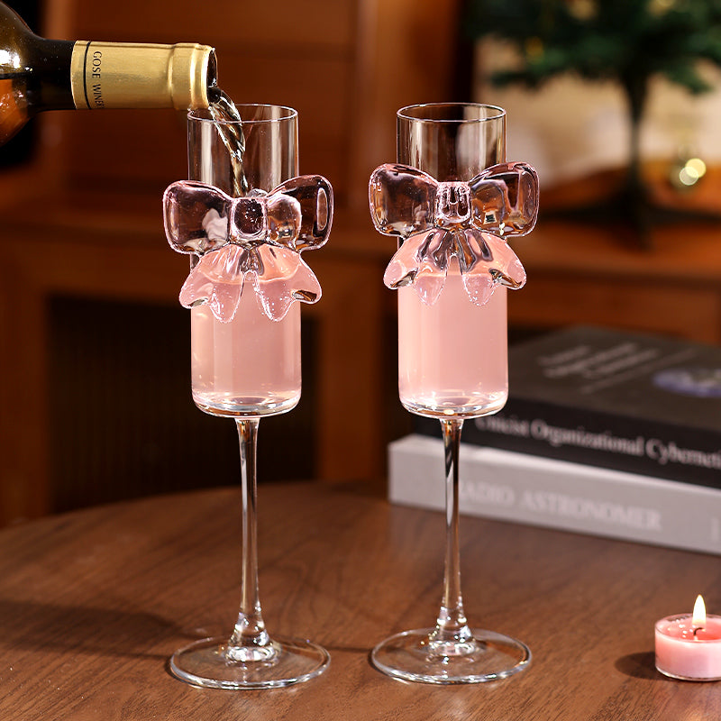 Pink Bow Champagne Glass Set of 2 – Cute Aesthetic Wine Glasses for Couples, Anniversary, Wedding & Home Décor