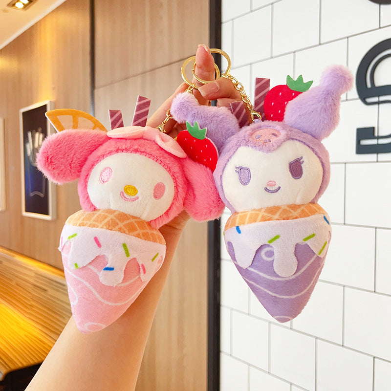 Kawaii Ice Cream Plush Keychain Set – My Melody, Cinnamoroll & Kuromi | Cute Sanrio-Inspired Soft Keychains