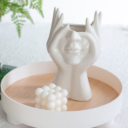 Modern Abstract Face Hand Holder Vase | Multipurpose Ceramic Organizer for Makeup Brushes, Cutlery & Home Décor