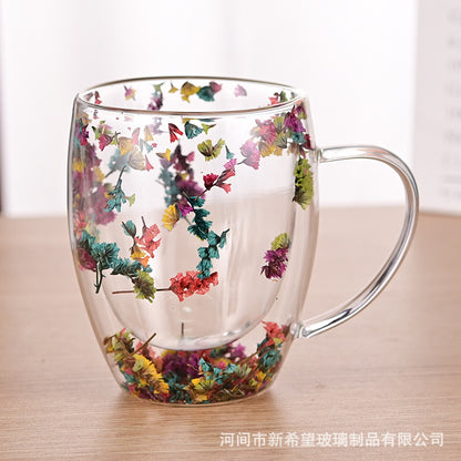 Premium Double Wall Glass Mug with Colorful Dried Flower Design | Aesthetic Transparent Tea & Coffee Cup | Heat-Resistant Borosilicate Floral Mug