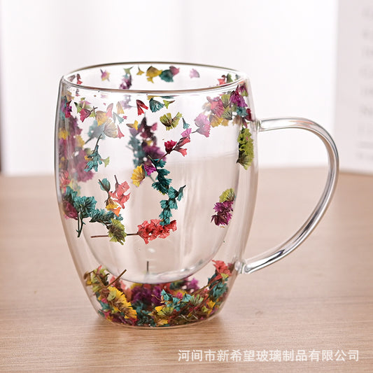 Premium Double Wall Glass Mug with Colorful Dried Flower Design | Aesthetic Transparent Tea & Coffee Cup | Heat-Resistant Borosilicate Floral Mug