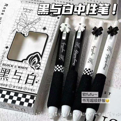 Kawaii Bow-Themed Gel Pen Set (Pack of 4) | Cute Aesthetic Black Ink Pens for School, Office & Journaling