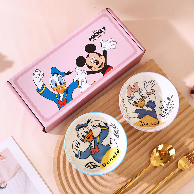 Disney Cartoon Ceramic Bowls  (Mickey, Minnie, Donald, Daisy) (set of 2) with Proper Gift Box– Premium Kids Breakfast & Snack Bowl Collection