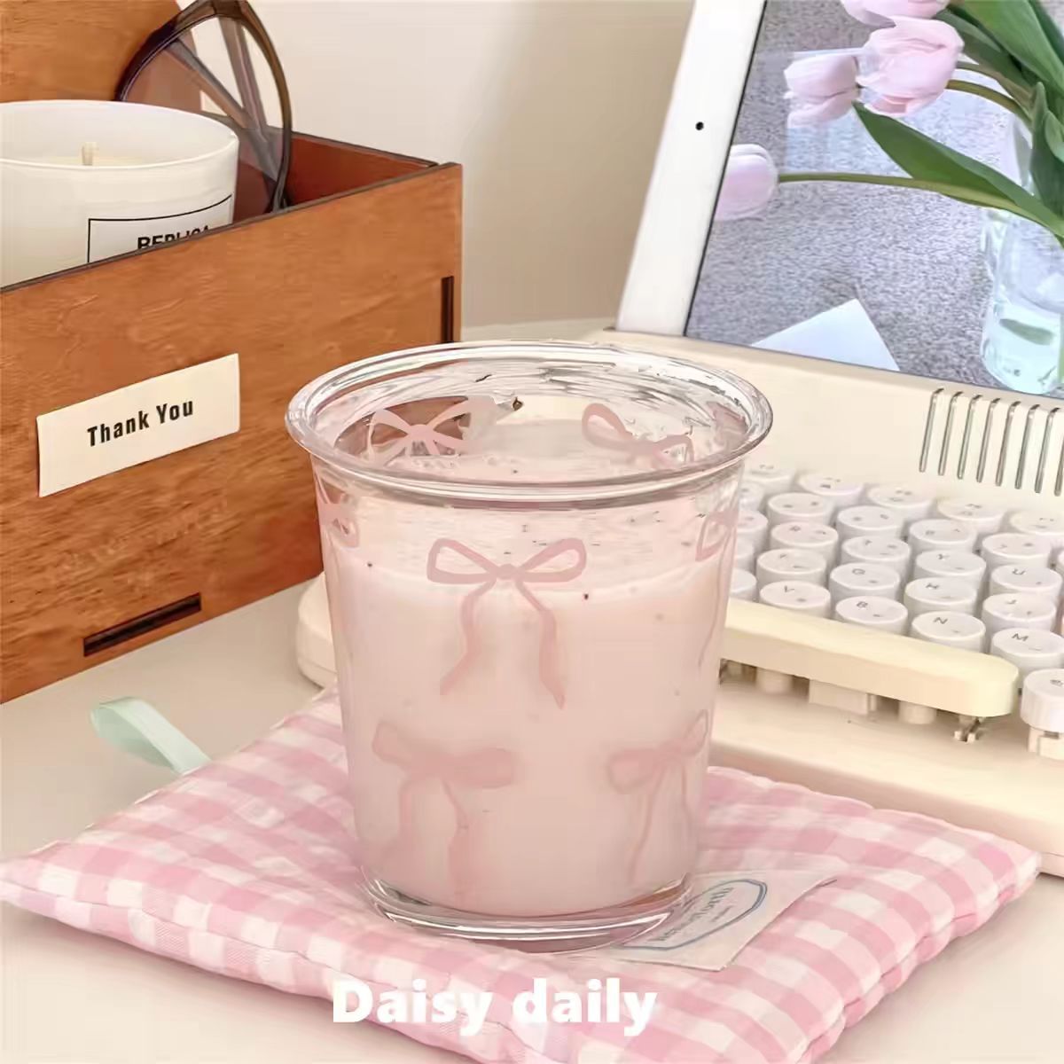 Kawaii Pink Bow Glass Tumbler Cup with Cute Ribbon Print | Aesthetic Drinking Glass for Iced Coffee, Milk, Juice, Bubble Tea & Smoothies | Transparent Glass Cup | Cute Gift for Girls