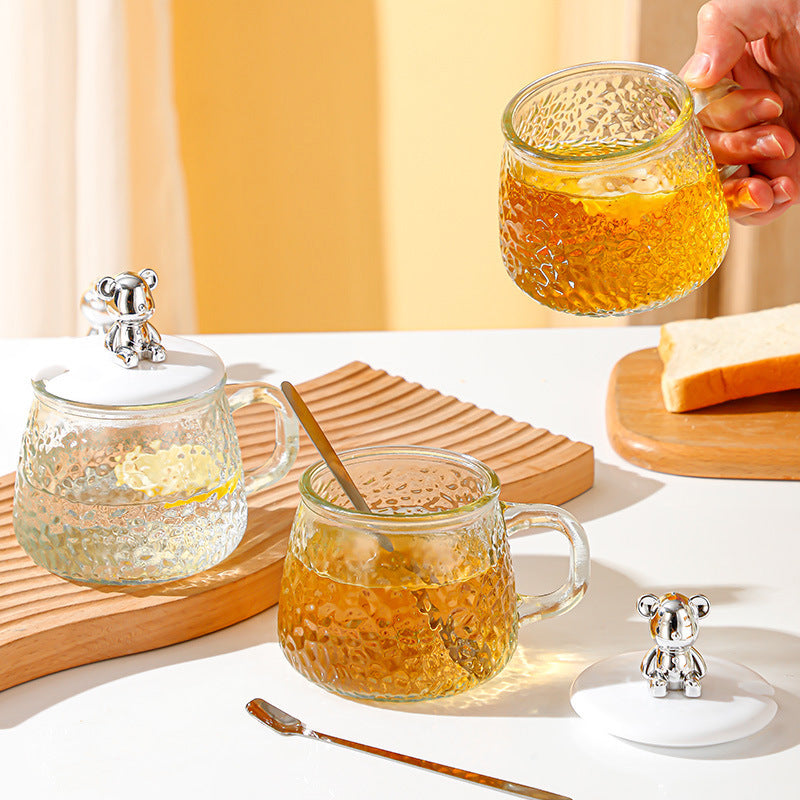 Kawaii Bear Glass Mug with Lid & Spoon | Heat-Resistant Textured Tea & Coffee Cup for Home & Office