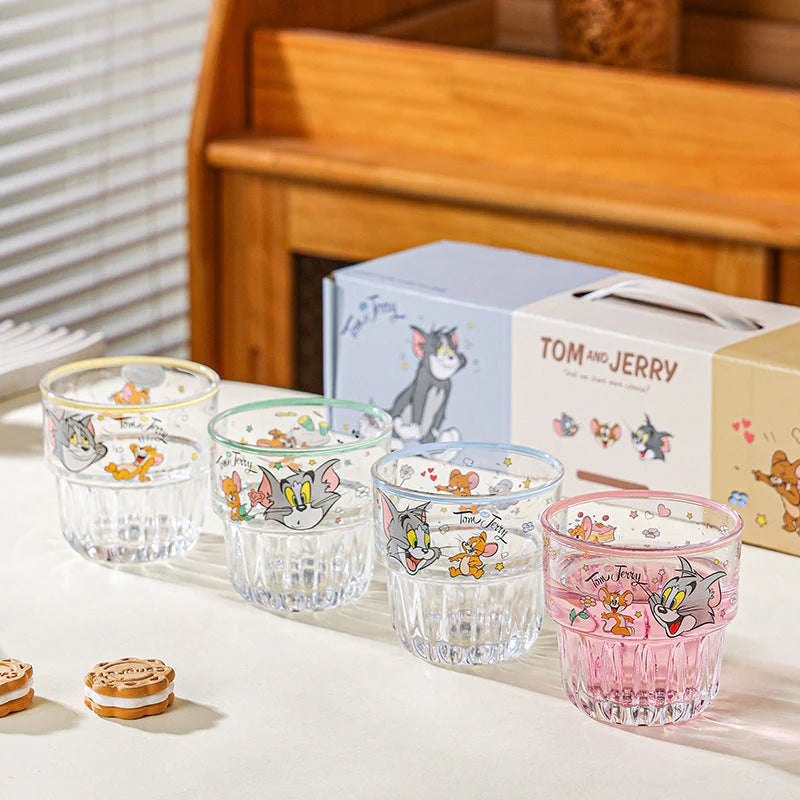 Tom and Jerry Glass Set of 4 with Box | Cartoon Printed Glass Cups | Cute Kawaii Drinking Glasses | Premium Transparent Juice Water Glass Set | Gift Set for Kids & Fans