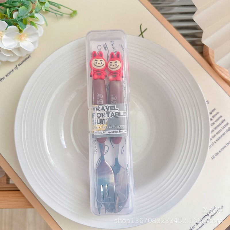 Labubu Travel Portable Cutlery Set | Cute Cartoon Spoon & Fork with Case