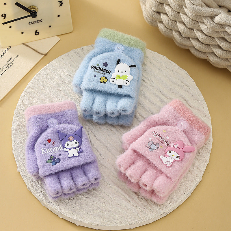 Kawaii Winter Cartoon Kids Convertible Mittens | Cute Sanrio Flip Gloves for Boys & Girls