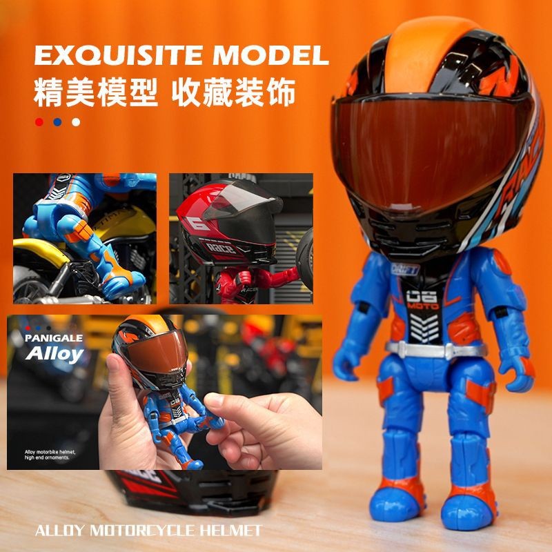 Motorcycle Racer Helmet Action Figure Collectible – Alloy Bike Rider Bobblehead Toy | Mini Moto Racing Helmet Model Desk Decor