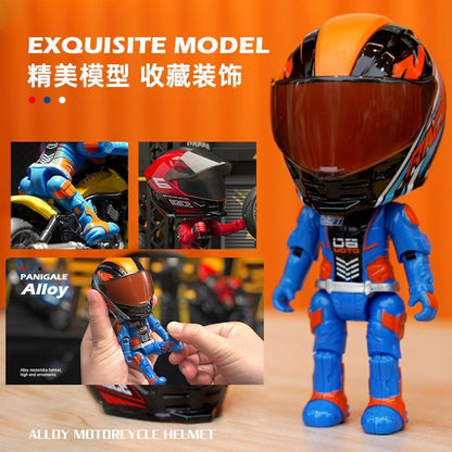 Motorcycle Racer Helmet Action Figure Collectible – Alloy Bike Rider Bobblehead Toy | Mini Moto Racing Helmet Model Desk Decor