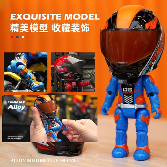 Motorcycle Racer Helmet Action Figure Collectible – Alloy Bike Rider Bobblehead Toy | Mini Moto Racing Helmet Model Desk Decor