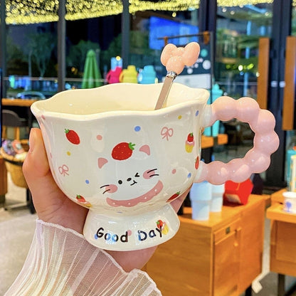 Cute Cat Ceramic Coffee Mug with Pink Handle & Spoon | Kawaii Strawberry Tea Cup | Aesthetic Gift Mug