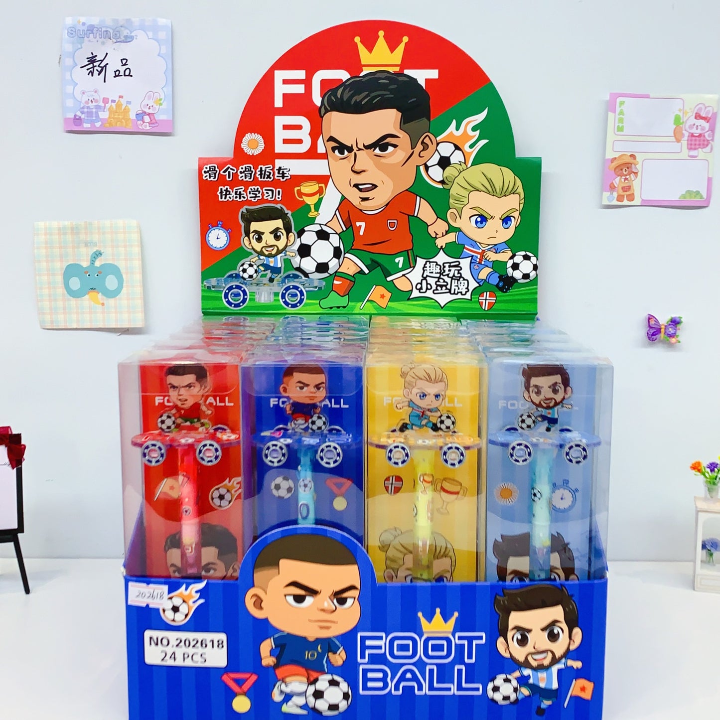 Pack of 4 Football Cartoon Skateboard Gel Pens | Cute Soccer Character Roller Skate Pens | 0.5mm Black Ink Writing Pens for Kids | Fancy School Stationery | Return Gift Pen Set