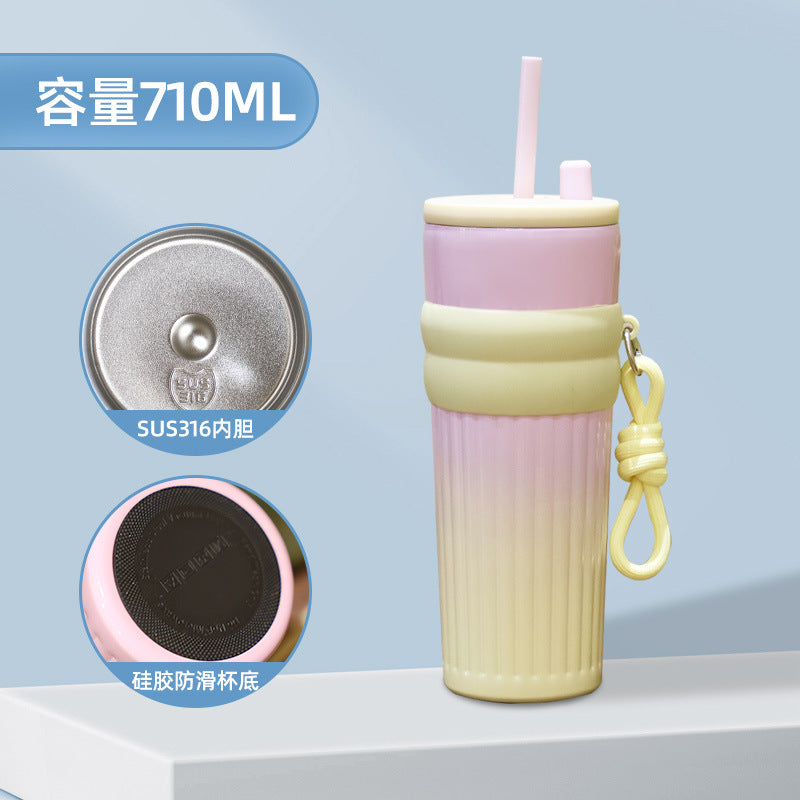 Gradient Frosted Straw Tumbler with Handle Strap – 710 ml Large Capacity Insulated Cup | Leak-Proof Travel Mug for Hot & Cold Drinks