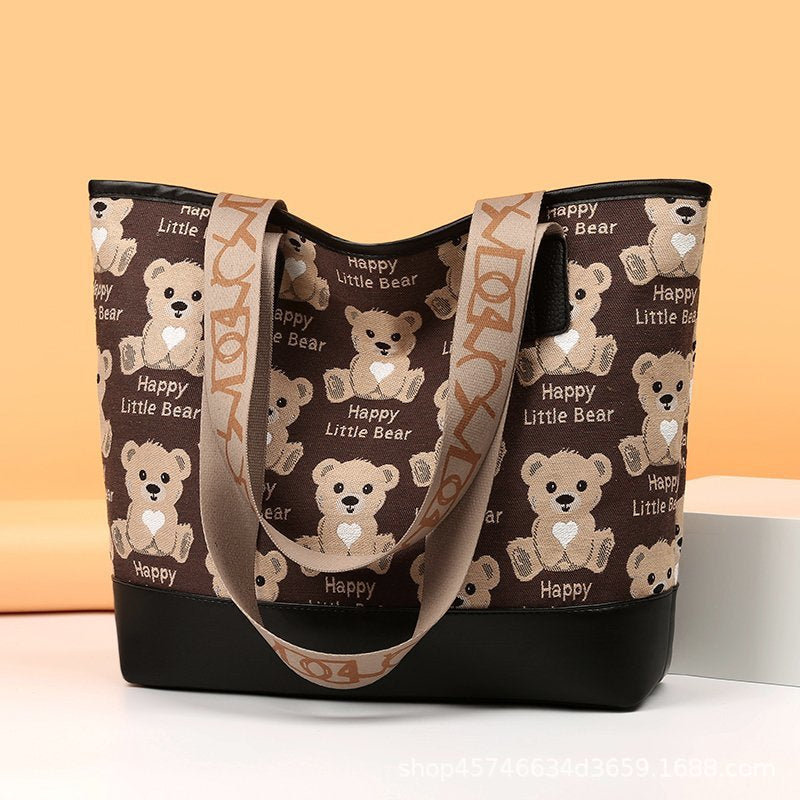 Cute Teddy Bear Tote Bag for Women | Happy Little Bear Cartoon Shoulder Bag | Aesthetic Kawaii Handbag for Girls