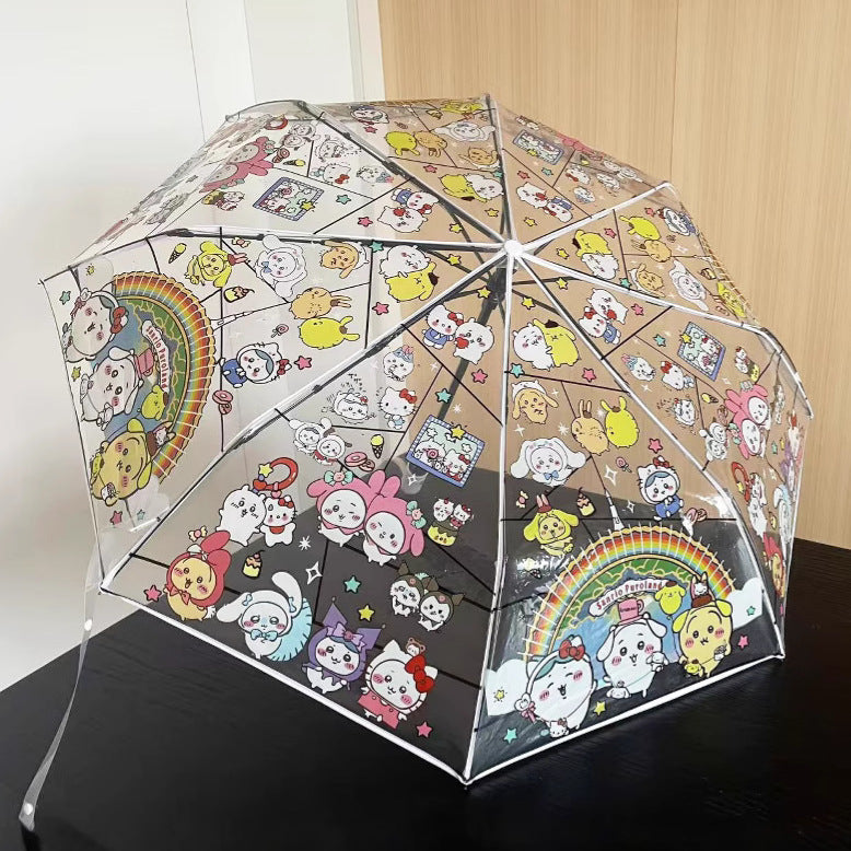 Cute Transparent Cartoon Umbrella | Kawaii Sanrio, Doraemon & Party Animal Print | Windproof & Waterproof Clear Umbrella for Kids & Adults