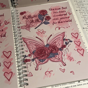 Kawaii Rose Butterfly Spiral Notebook – Aesthetic Pink Journal (Single Piece)