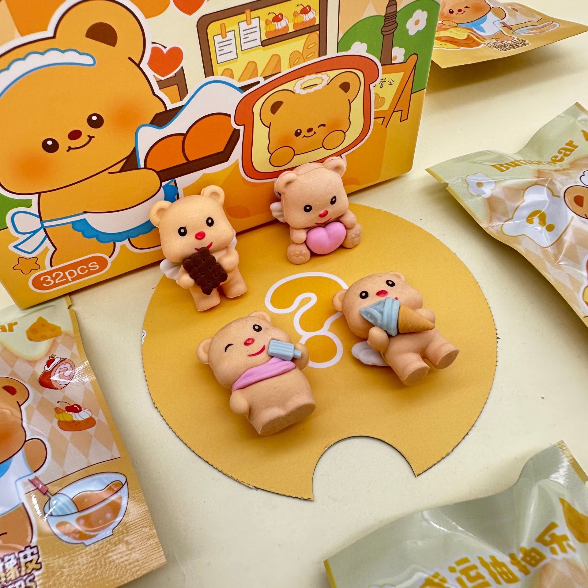 Kawaii Butter Bear Blind Pouch Erasers – Pack of 6 Cute Mini Cartoon Erasers for Kids & Stationery Lovers