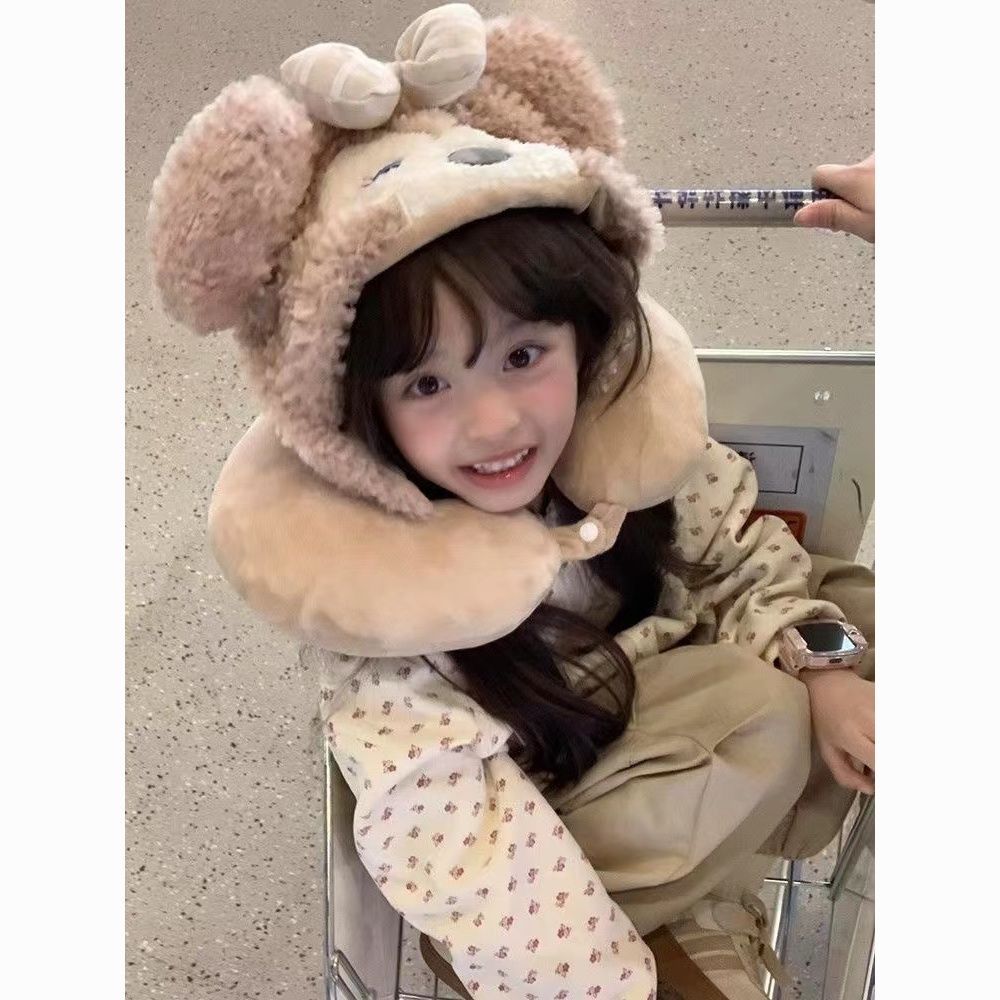 Kawaii Bear Plush Travel Neck Pillow Hat – Cute Cartoon Winter Cap with U-Shaped Neck Cushion | Soft Teddy Ear Cosplay Hoodie Cap for Girls