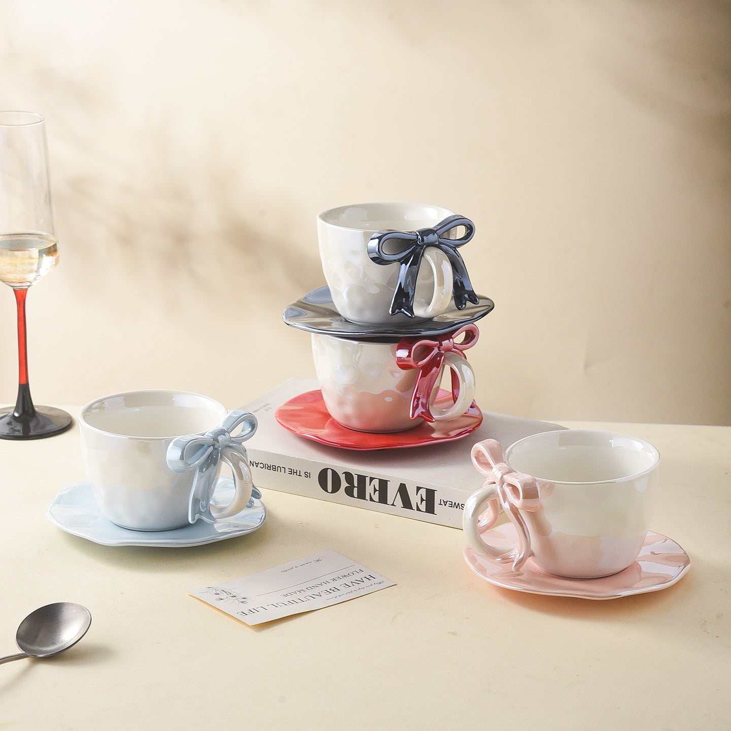 Premium Bow Handle Ceramic Coffee Mug with Saucer Set | 300ml Pearl Glaze Tea Cup | Cute Aesthetic Cappuccino Mug | Korean Style Gift Mug