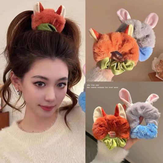 Kawaii Fox & Bunny Plush Hair Scrunchie (Set of 2) – Cute Furry Animal Ear Ponytail Holders for Girls & Women