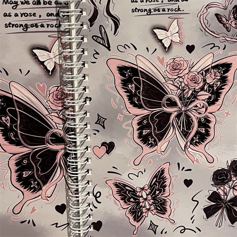 Kawaii Black Pink Butterfly Spiral Notebook – A5 Cute Rose & Heart Aesthetic Journal Diary for Girls (Single Piece)